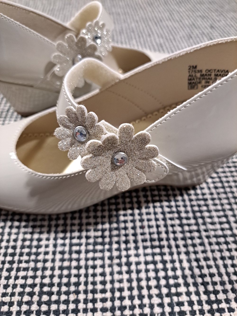 Rachel Shoes Cream Mary Jane Wedges with Glitter Flower Accents